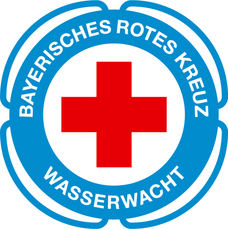 Rundlogo mit Roten Kreuz mittig, Bayerisches Rotes Kreuz gerundeet über das Rote Kreuz, darunter Wasserwacht