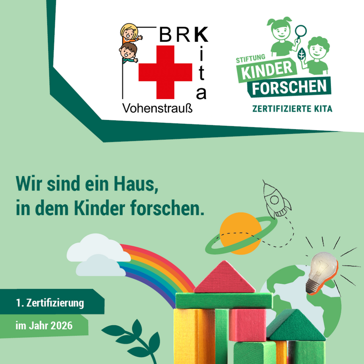 Kita_Voh_Zertifizierungsbanner_Kinder_forschen Banner mit Zertifizierung, bunte Bausteine, Logo BRK und Logo Kinder forschen